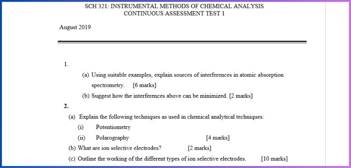 SCH 321 CAT: INSTRUMENTAL METHODS OF CHEMICAL ANALYSIS